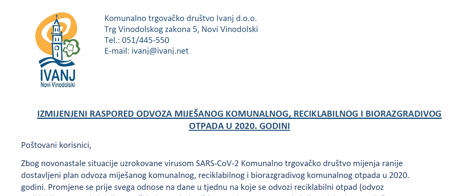 IZMIJENJENI RASPORED ODVOZA MIJEŠANOG KOMUNALNOG, RECIKLABILNOG I BIORAZGRADIVOG OTPADA U 2020. GODINI